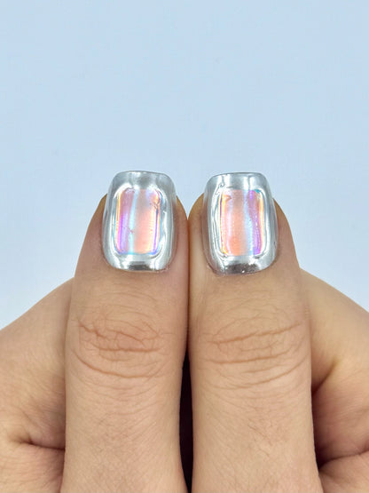 Viral Futuristic Silver Chrome Mirror Glass Iridescent Holographic Foil Press-On Nails in Short Square, Reusable & Long-Lasting False Nail, 2026 Trendy Nail Art Design | Secure The Nails