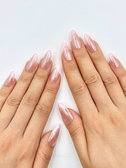 Heiley Bieber Glazed Donut Shiny Pearl Chrome Nude French Tip Almond Press-On Nails in Pastel Pink