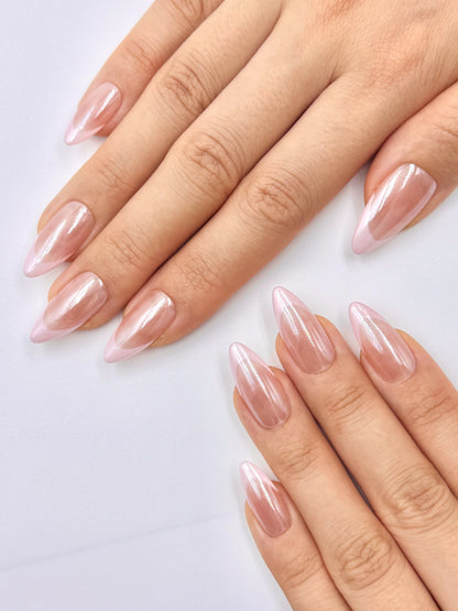 Heiley Bieber Glazed Donut Glowy Pearl Chrome Powder Nude French Tip Almond Press-On Nails in Pastel Pink