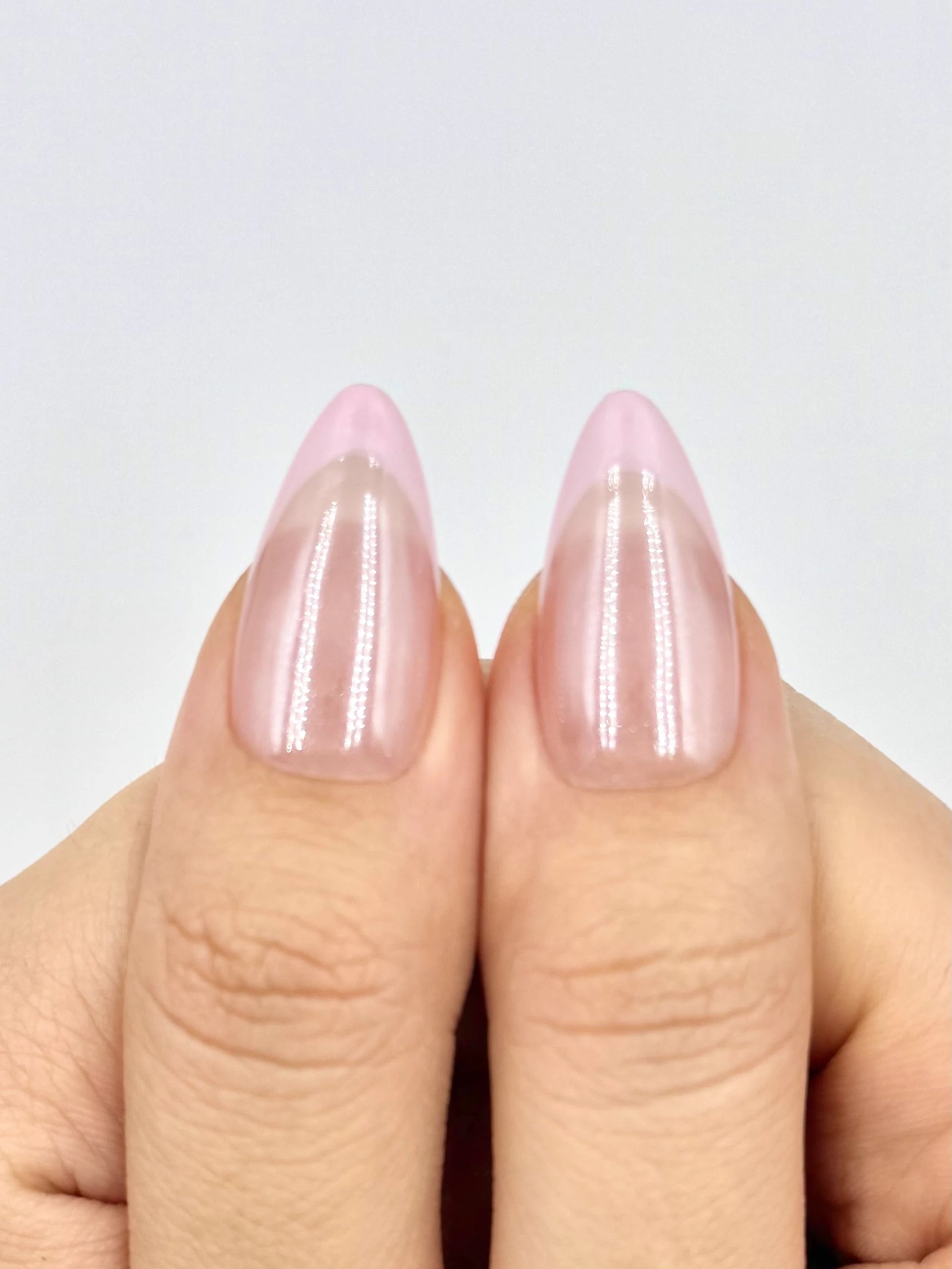 Nude Baby Pink French Tip Almond Press-On Nails,Heiley Bieber Glazed Donut Glowy Pearlescent Chrome Powder