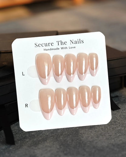 Chrome Nude Pink French Tip Hailey Bieber Glazed Donut Almond Press-On Nails with Pearlescent Shine
