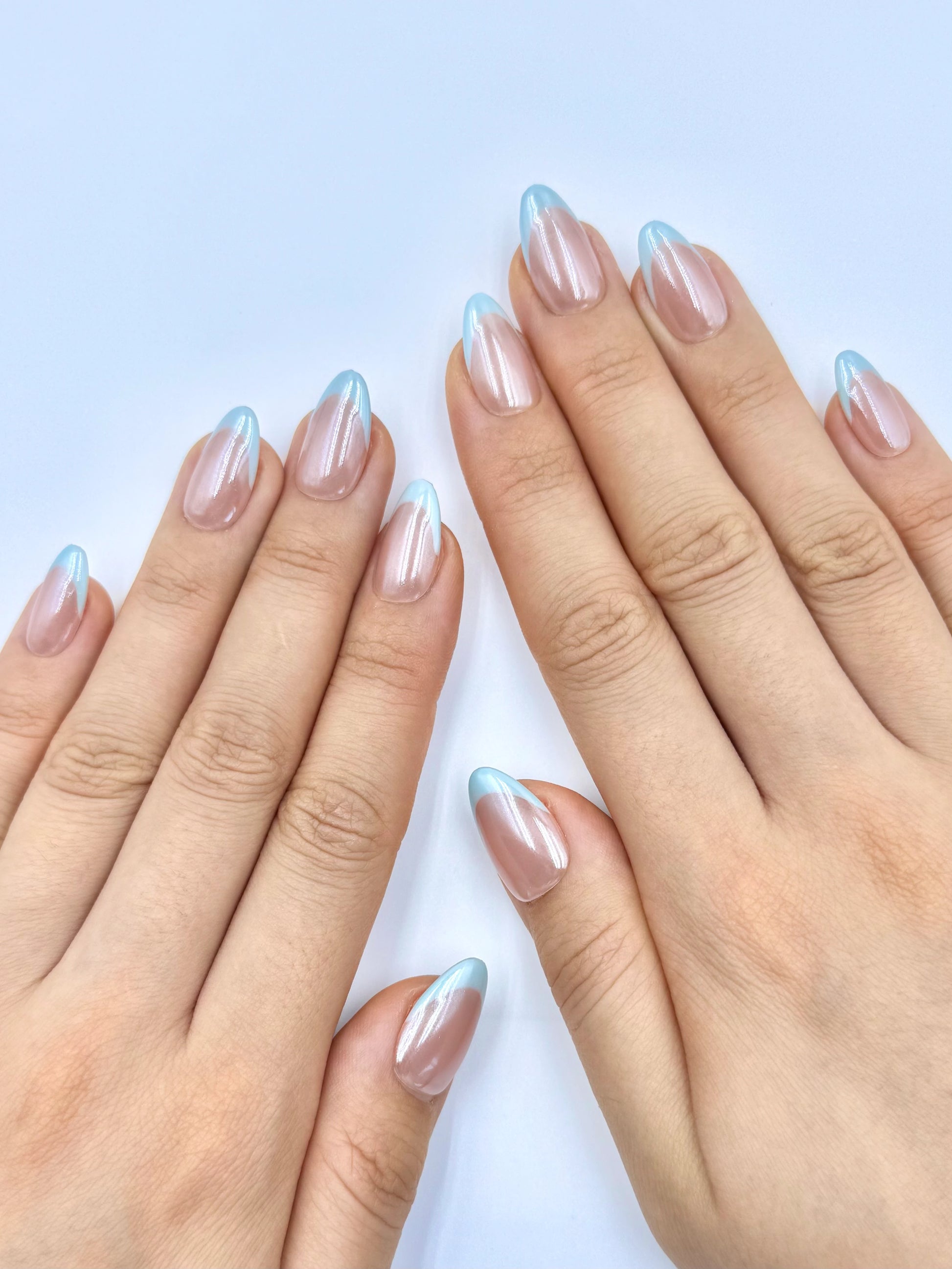 Glazed Donut Chrome Nude French Tip in Baby Blue Short Almond Press-On Nails, Hailey Bieber Pearlescent Powder