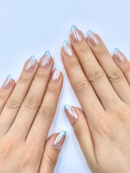 Glazed Donut Chrome Nude French Tip in Baby Blue Short Almond Press-On Nails, Hailey Bieber Pearlescent Powder