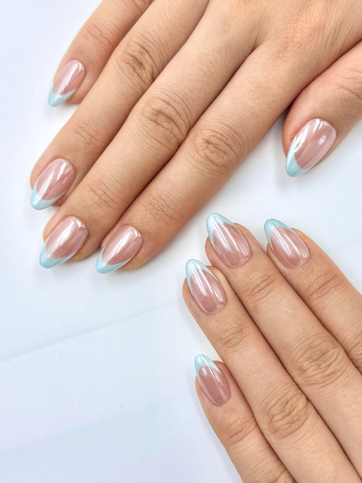 Glazed Donut Pearl Chrome Nude French Tip in Baby Blue Short Almond Press-On Nails, Hailey Bieber It Girl Nail