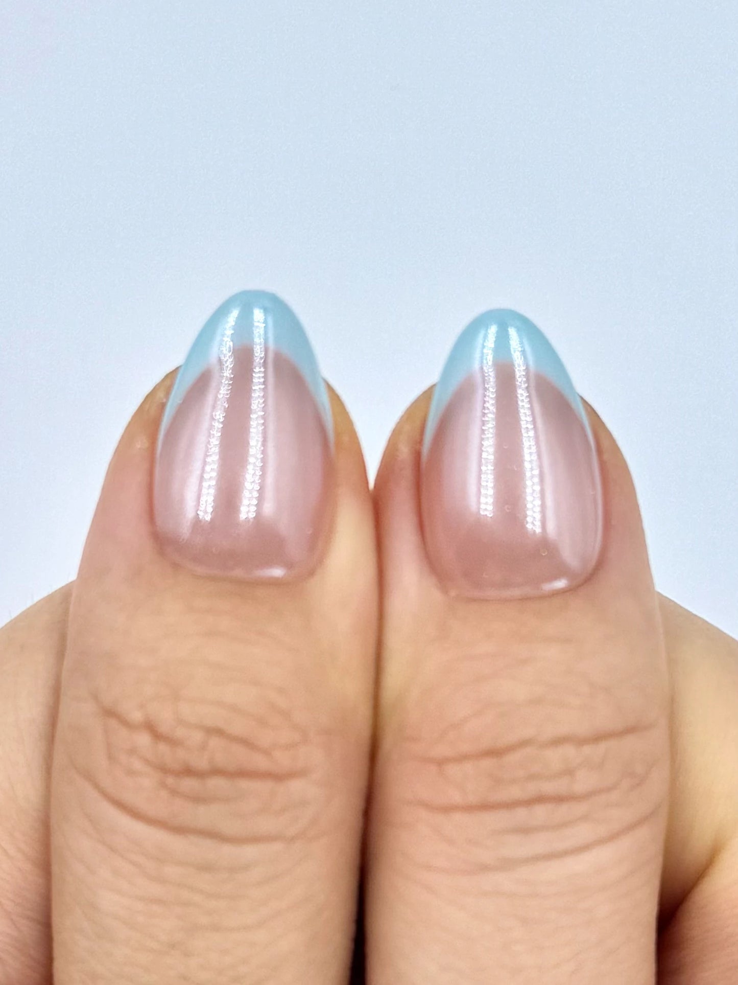 Nude Baby Blue French Tip Short Almond Press-On Nails with Pearl Chrome, Hailey Bieber Glowy It Girl