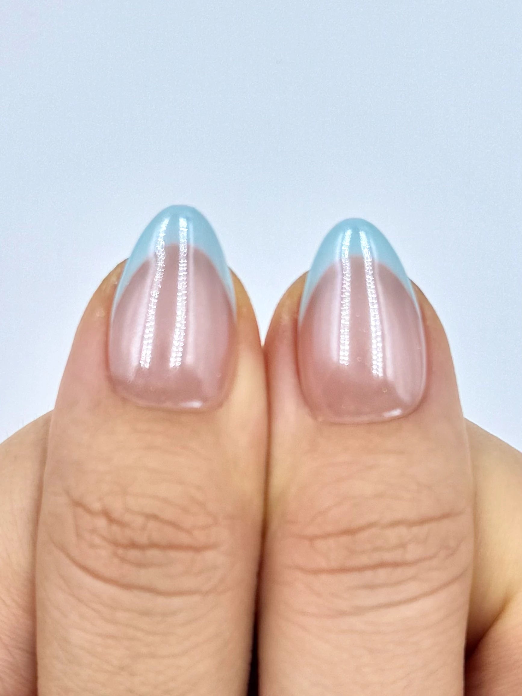 Nude Baby Blue French Tip Short Almond Press-On Nails with Pearl Chrome, Hailey Bieber Glowy It Girl