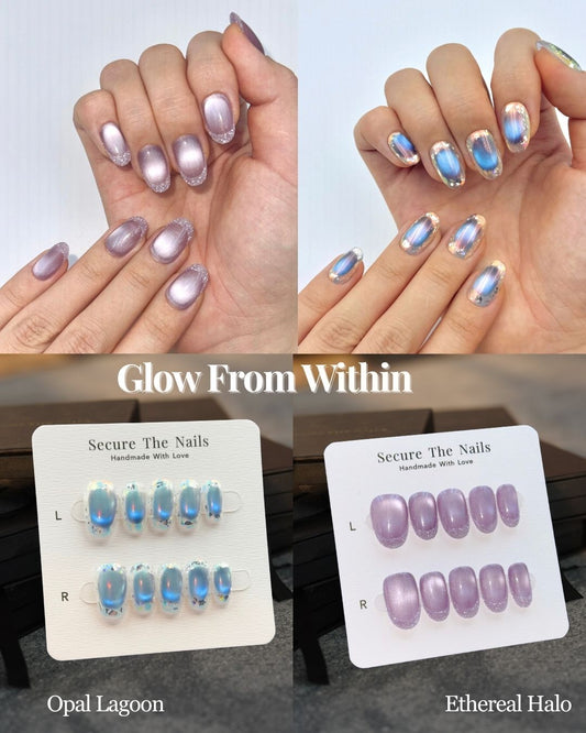 Reusable Cat-Eye Press-On Nail Value Bundle Duo Oval Round Shape, Glitter French Tips Holographic Foils Ultra-Glossy Glass Effect, 2026 Unique Nail Trend Designs | Secure The Nails