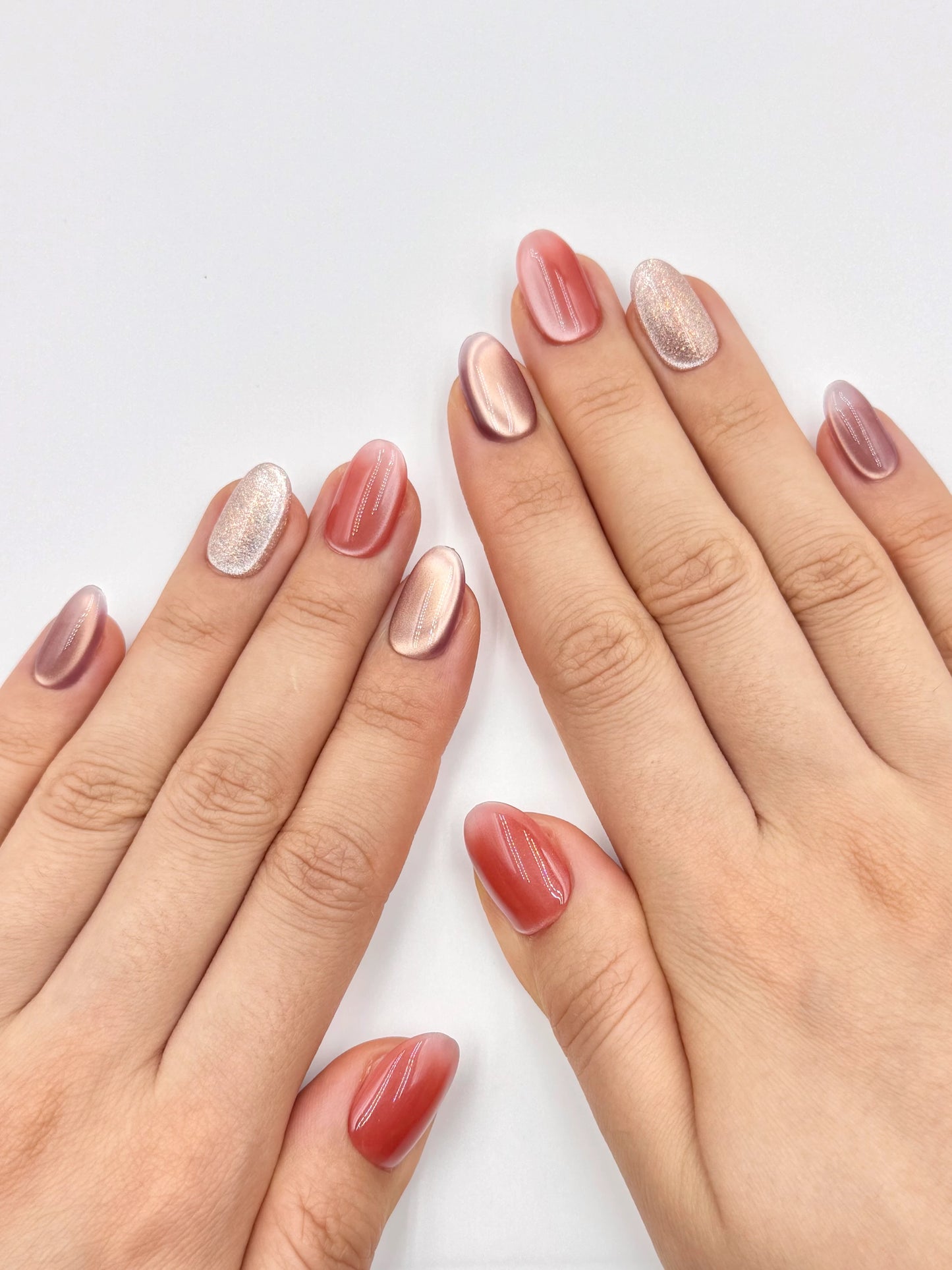 Unique Cat-Eye Color Combo Oval Press-On Nails in Orange Red Mauve Purple and Silver Glitter