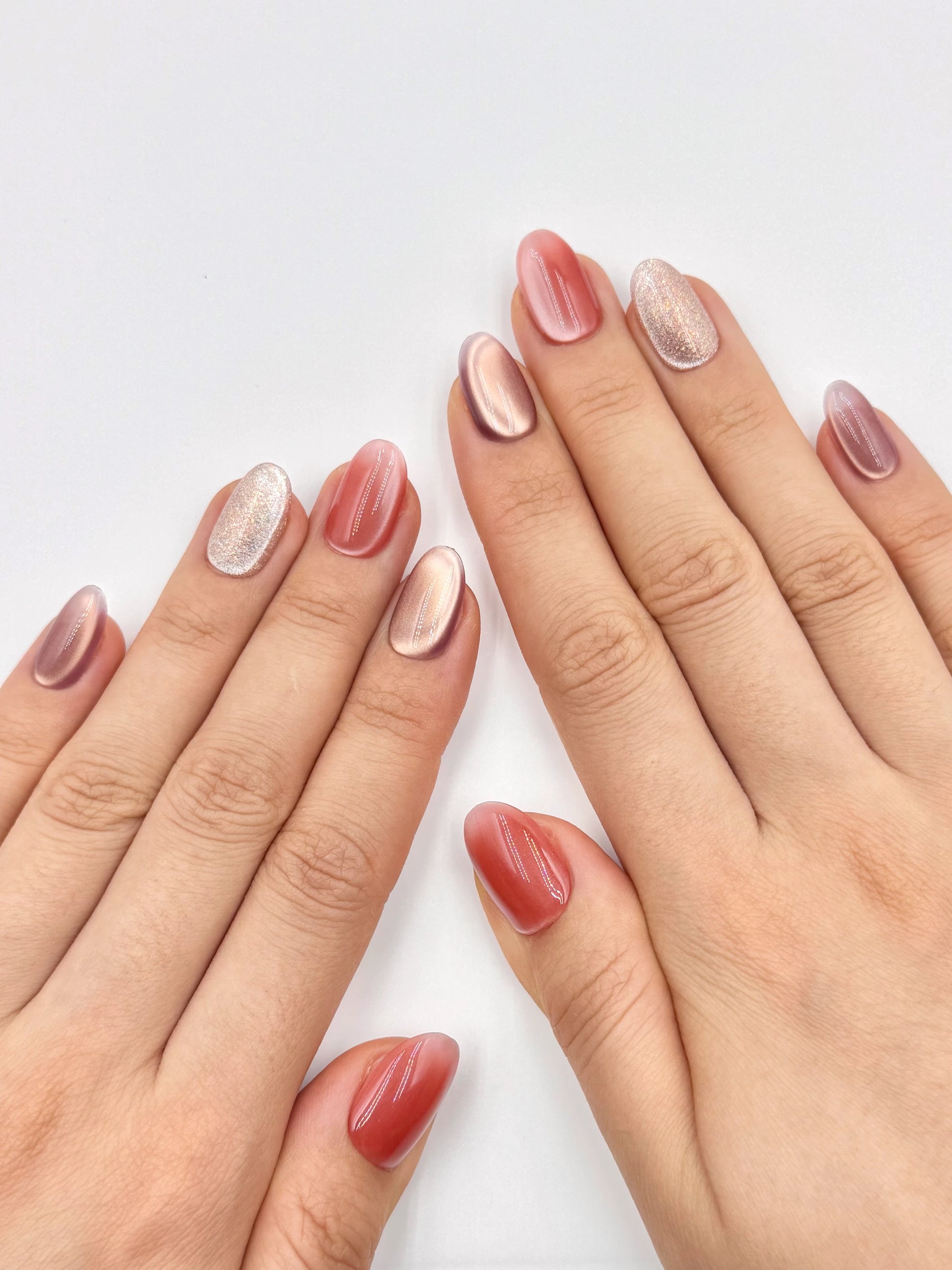 Unique Cat-Eye Color Combo Oval Press-On Nails in Orange Red Mauve Purple and Silver Glitter