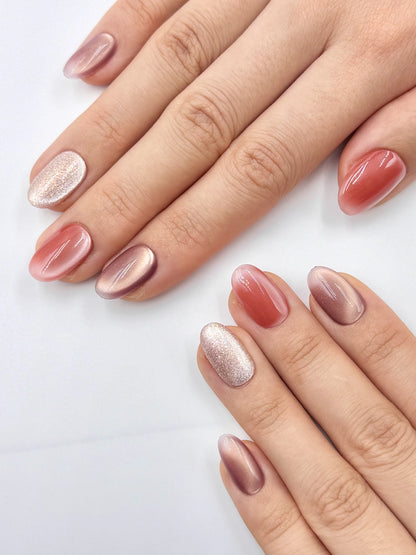 Colorful Cat-Eye Combo Oval Round Press-On Nails in Orange Red Mauve Purple and Silver Glitter