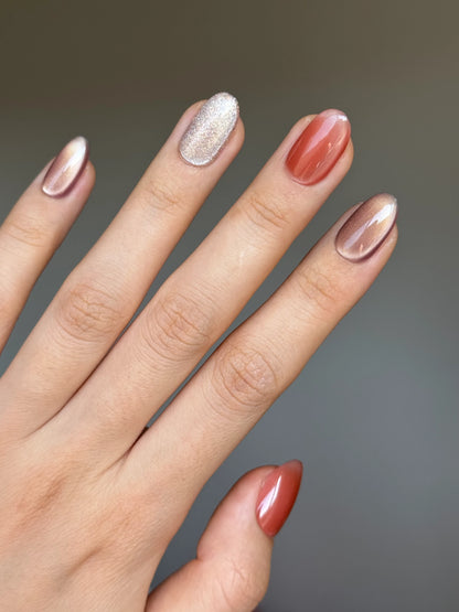 Cat-Eye Color Combo Oval Round Press-On Nails in Orange Red Muted Purple and Silver Glitter
