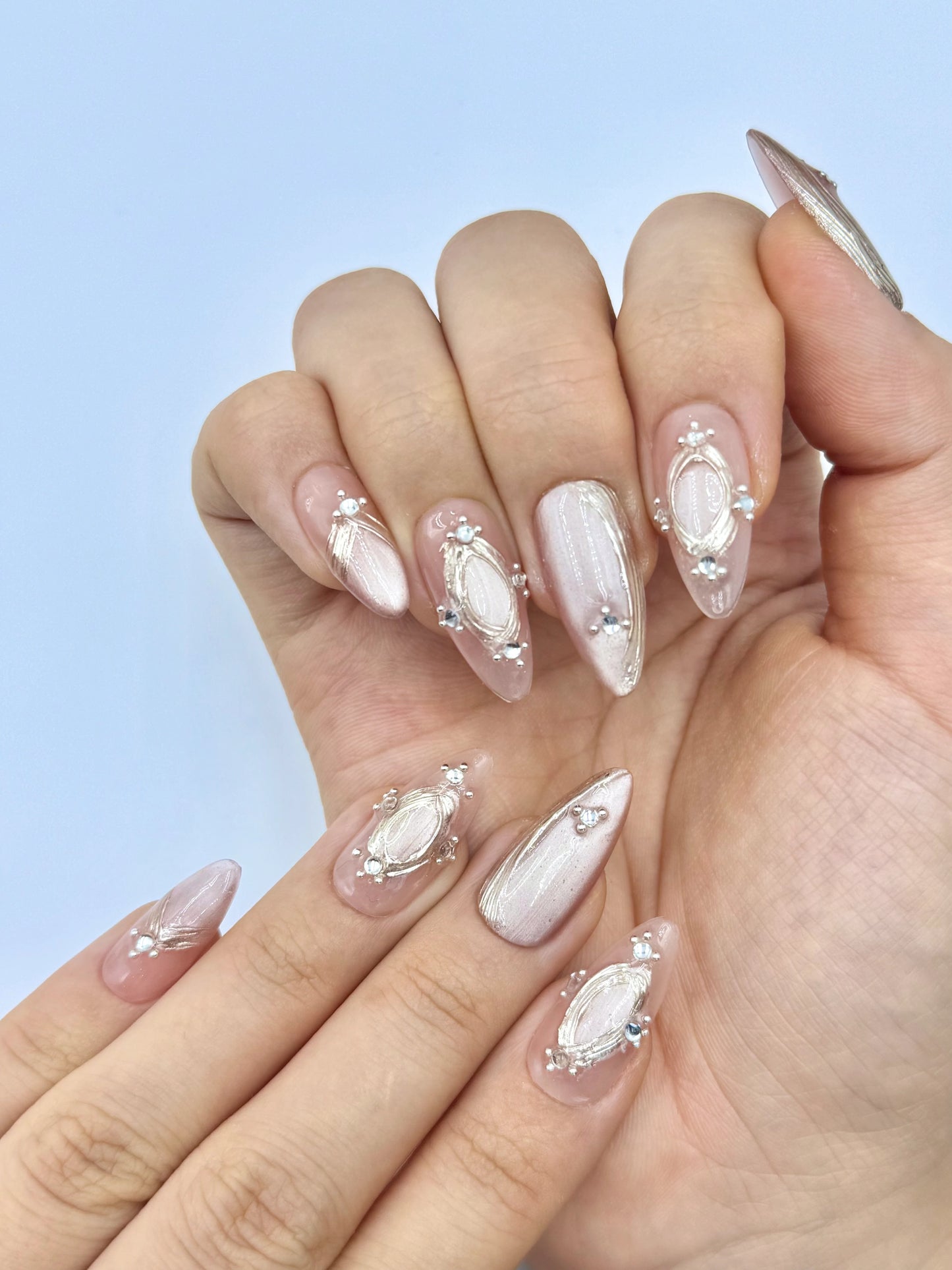 Champagne Pink Nude Cat-Eye Almond Press-On Nails with Crystal Jewelry and Gold Chrome