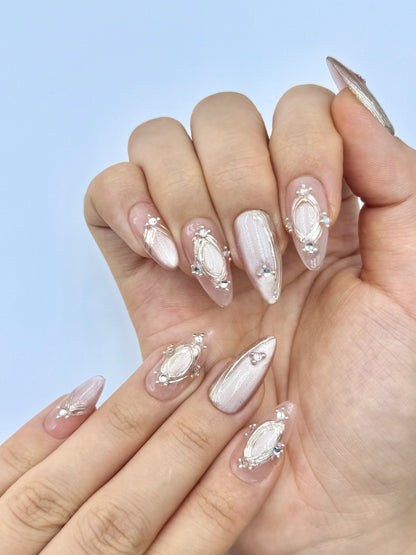 Champagne Pink Nude Cat-Eye Almond Press-On Nails with Crystal Jewelry and Gold Chrome