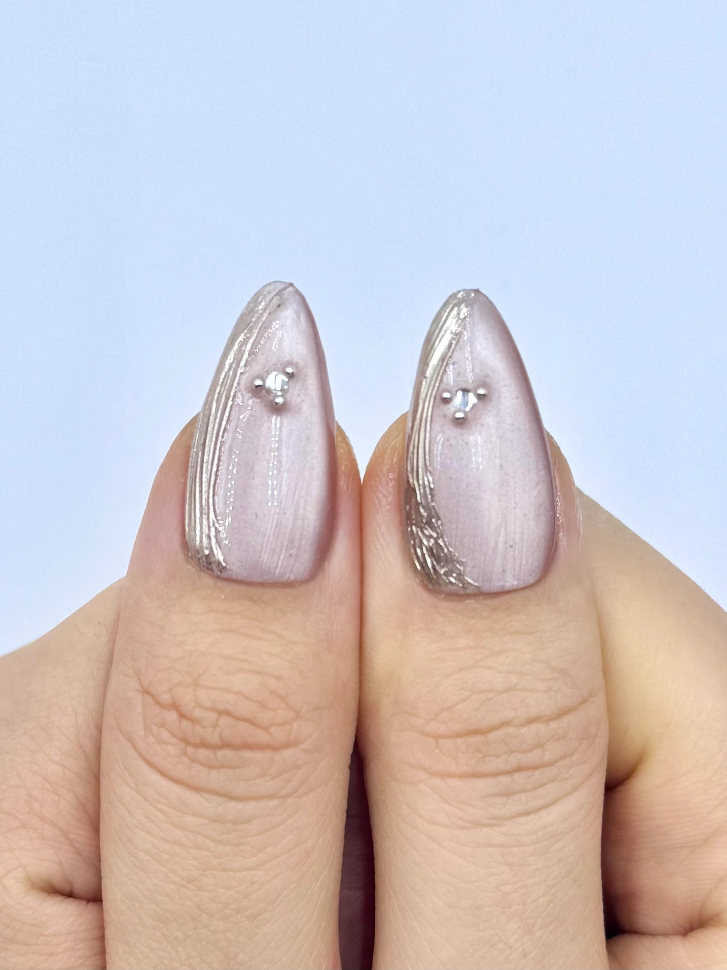 Shimmery Pink Nude Cat-Eye Almond Press-On Nails with Gold Chrome Frame and Crystal Jewelry