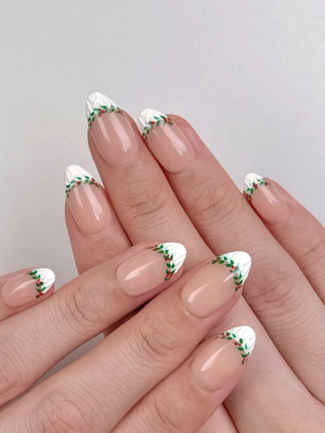 Christmas Holiday Festival Holly Nude French Tip Press-On Nails with Fabric Texture, Classy Elegant Winter Nail Art | Secure The Nails