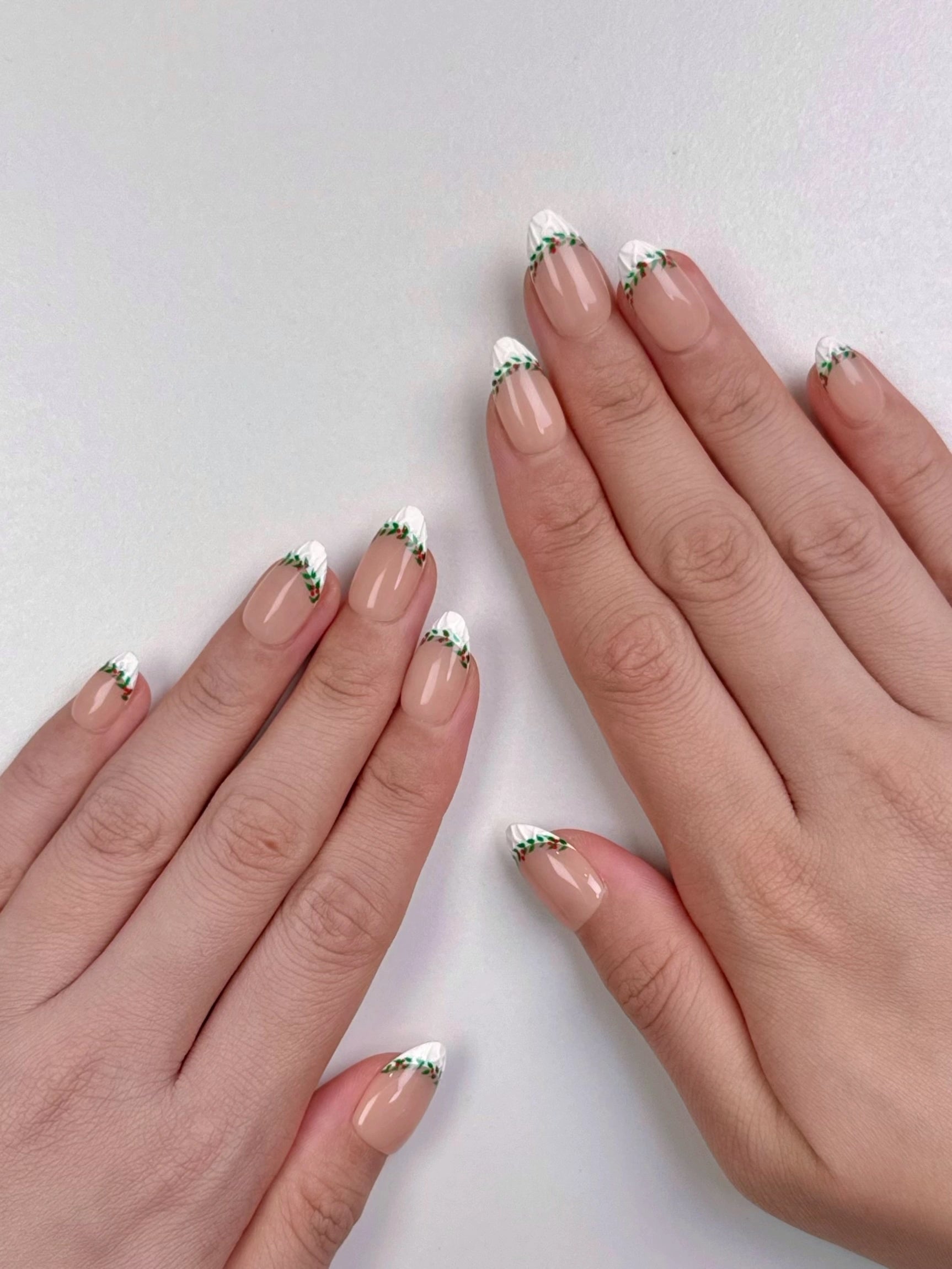 Christmas Holiday Festival Holly Nude French Tip Short Almond Press-On Nails with Fabric Texture, Classy Elegant Unique Winter Nail Art | Secure The Nails