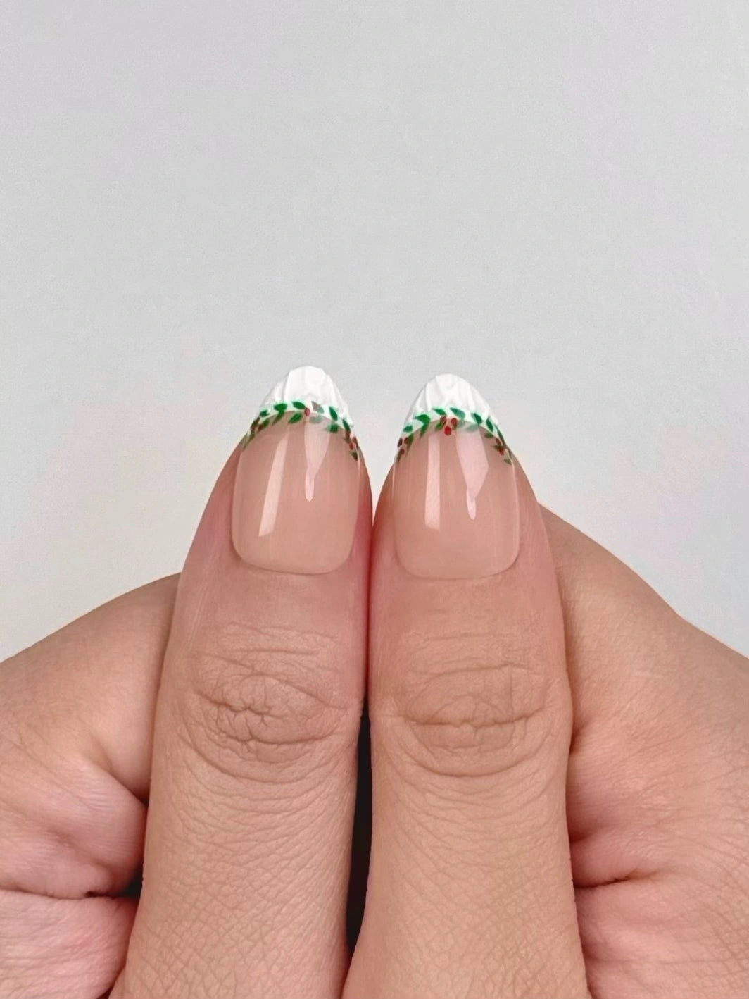 Christmas Holiday Festival Holly Wreath Nude French Tip Short Almond Press-On Nails with Sweater Texture, Classy Elegant Unique Winter Nail Art | Secure The Nails