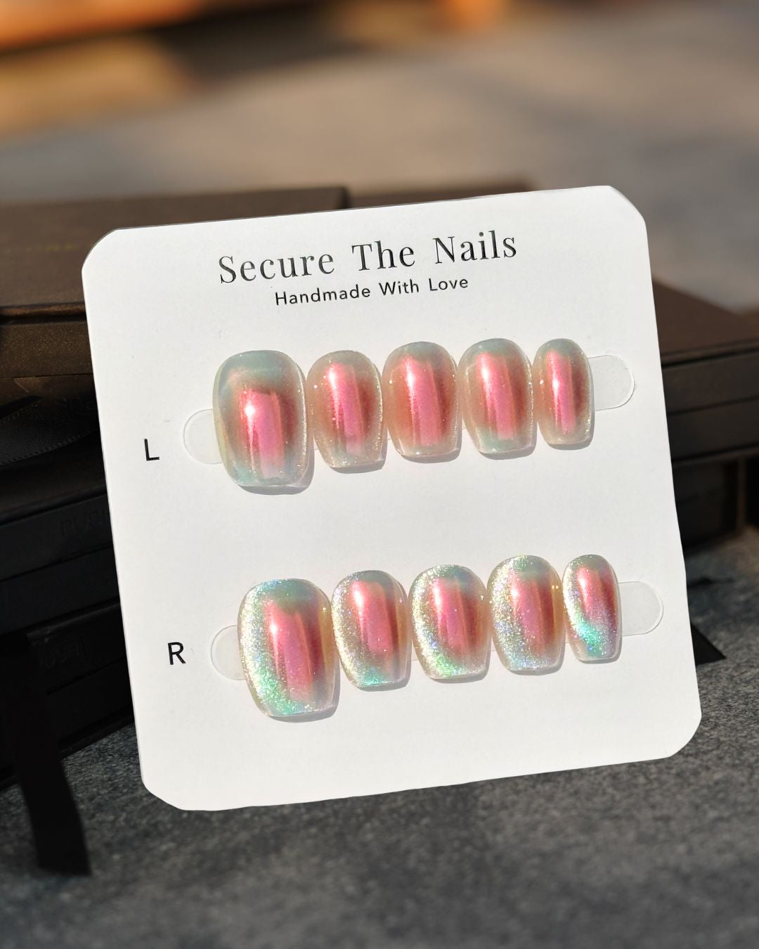 Unique Reusable Short Square Press-On Nails, Iridescent Holographic Pink Chrome Silver Blue Cat-Eye False Nails, 2026 Nail Art Trend | Secure The Nails