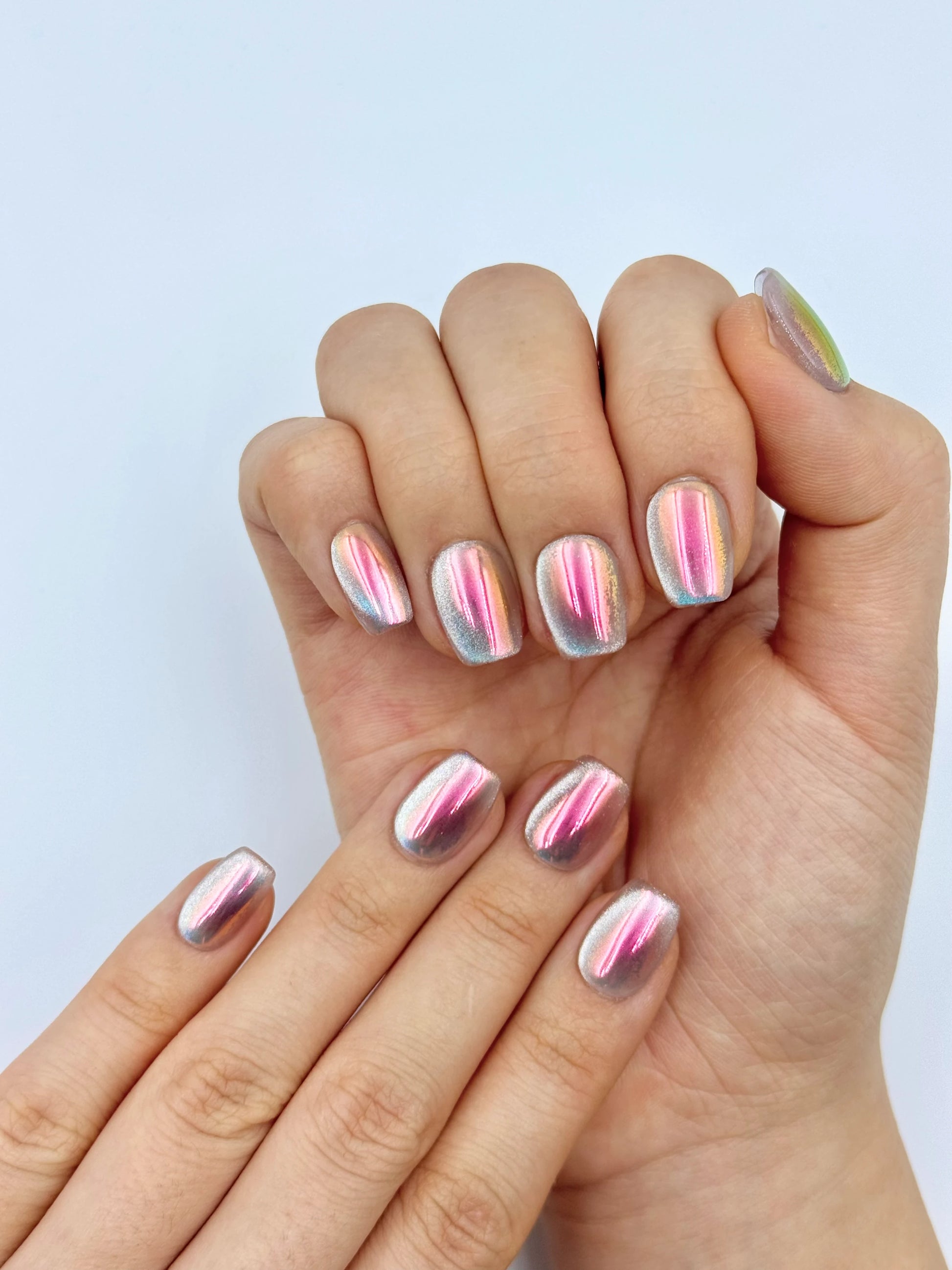 Pink Chrome Silver Blue Cat-Eye Iridescent Holographic Reusable False Nails, 2026 Unique Short Square Press-On Nail Trend | Secure The Nails
