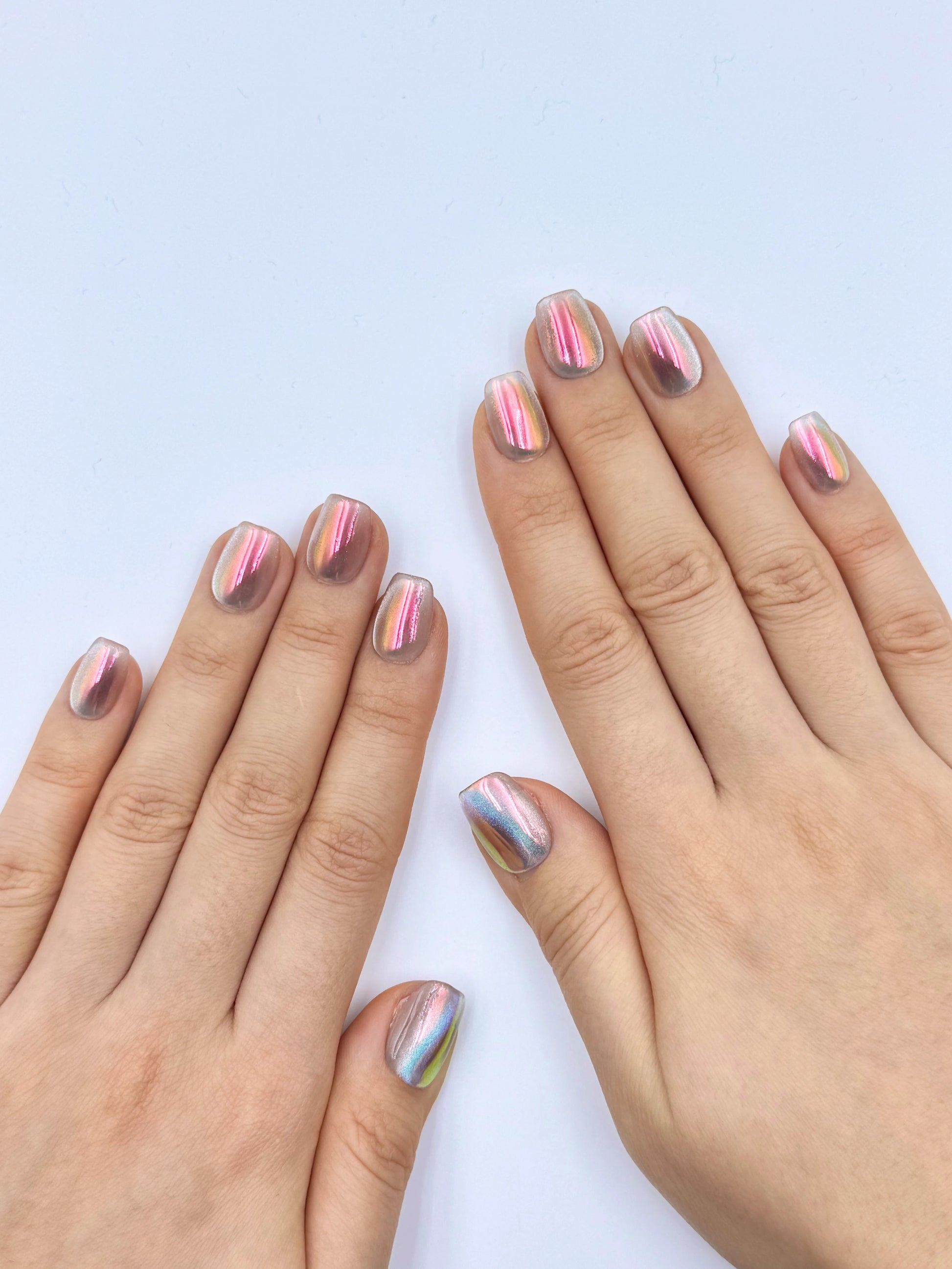 Iridescent Holographic Pink Chrome Silver Blue Cat-Eye Short Square Reusable Press-On Nails, 2026 Unique False Nail Art Trend | Secure The Nails