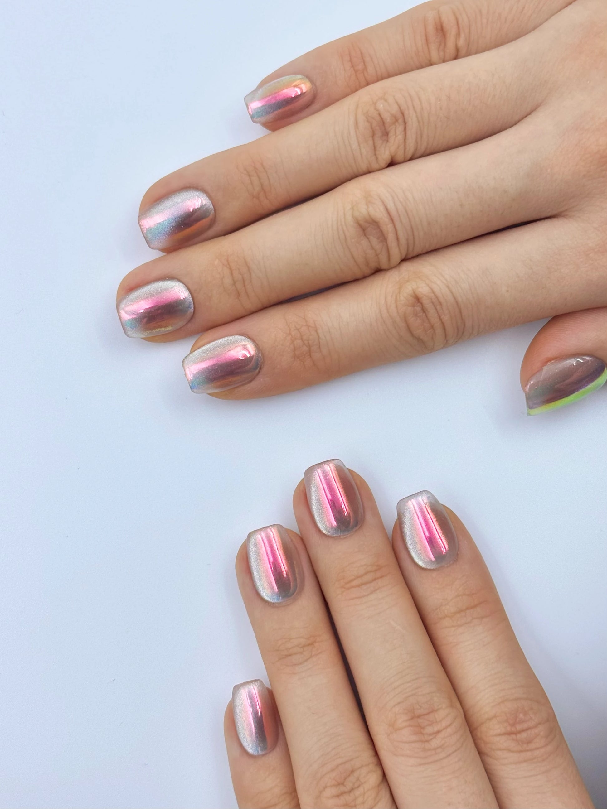 Iridescent Holographic Pink Chrome Silver Blue Cat-Eye Short Square Reusable Press-On Nails, Handmade & Long-Lasting, 2026 Unique Nail Art Trend | Secure The Nails