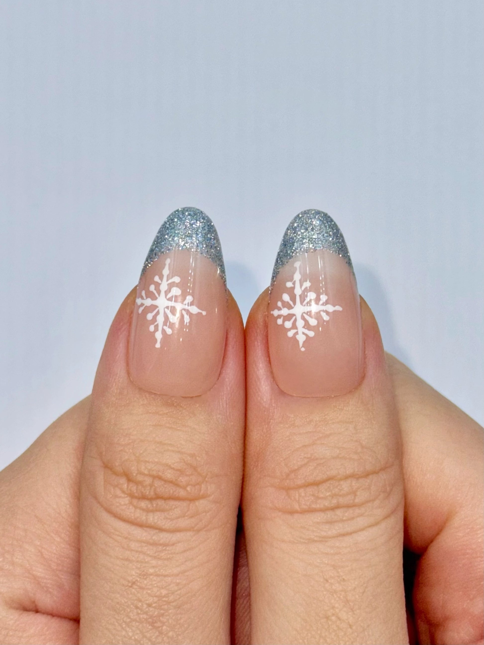 Christmas Holiday Reflective Sparkly Icy Blue Snow Candy Cane Almond French Tip Press-On Nails, Flash Glitter Gel, Cute Girly Winter Nail Art Design | Secure The Nails