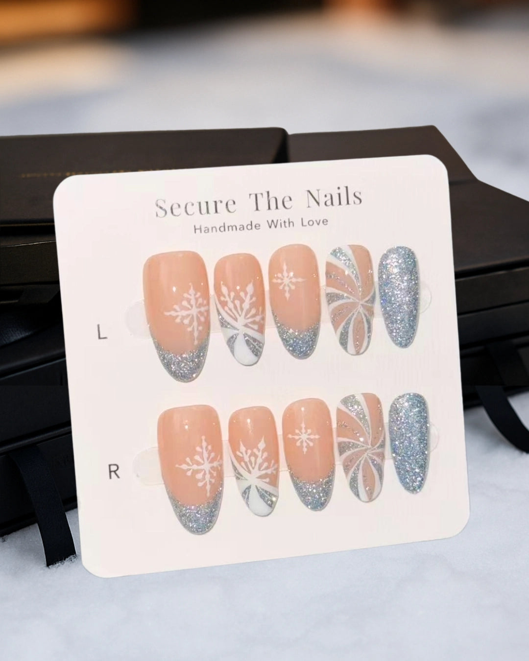 Christmas Holiday Glittery Icy Blue Snowflake Candy Cane Almond Oval Press-On Nails, Flash Reflective Gel, Unique Cute Winter Nail Art Design | Secure The Nails