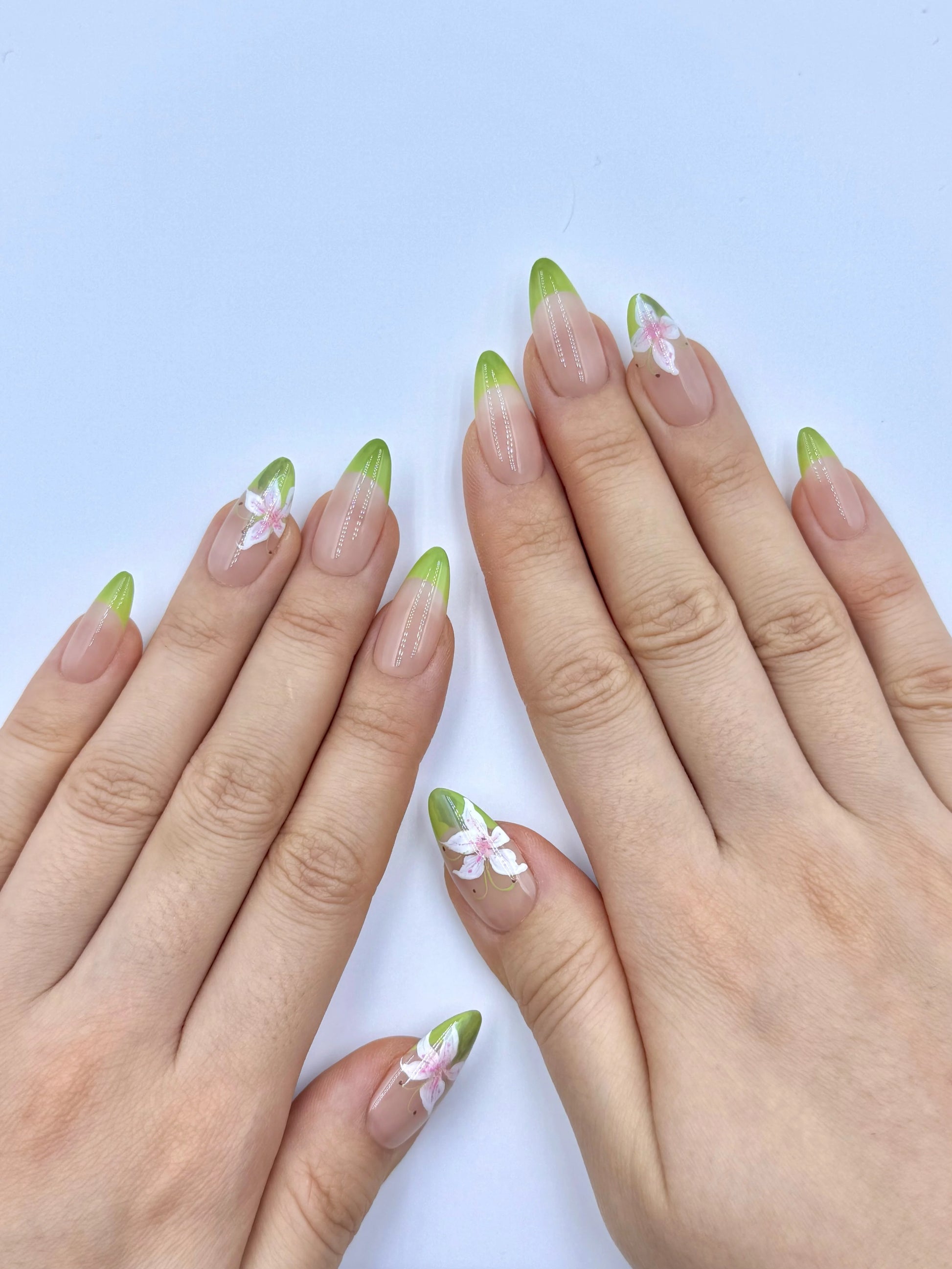 lily flower nail art Spring Lily Green French Tip Almond Press-On Nails