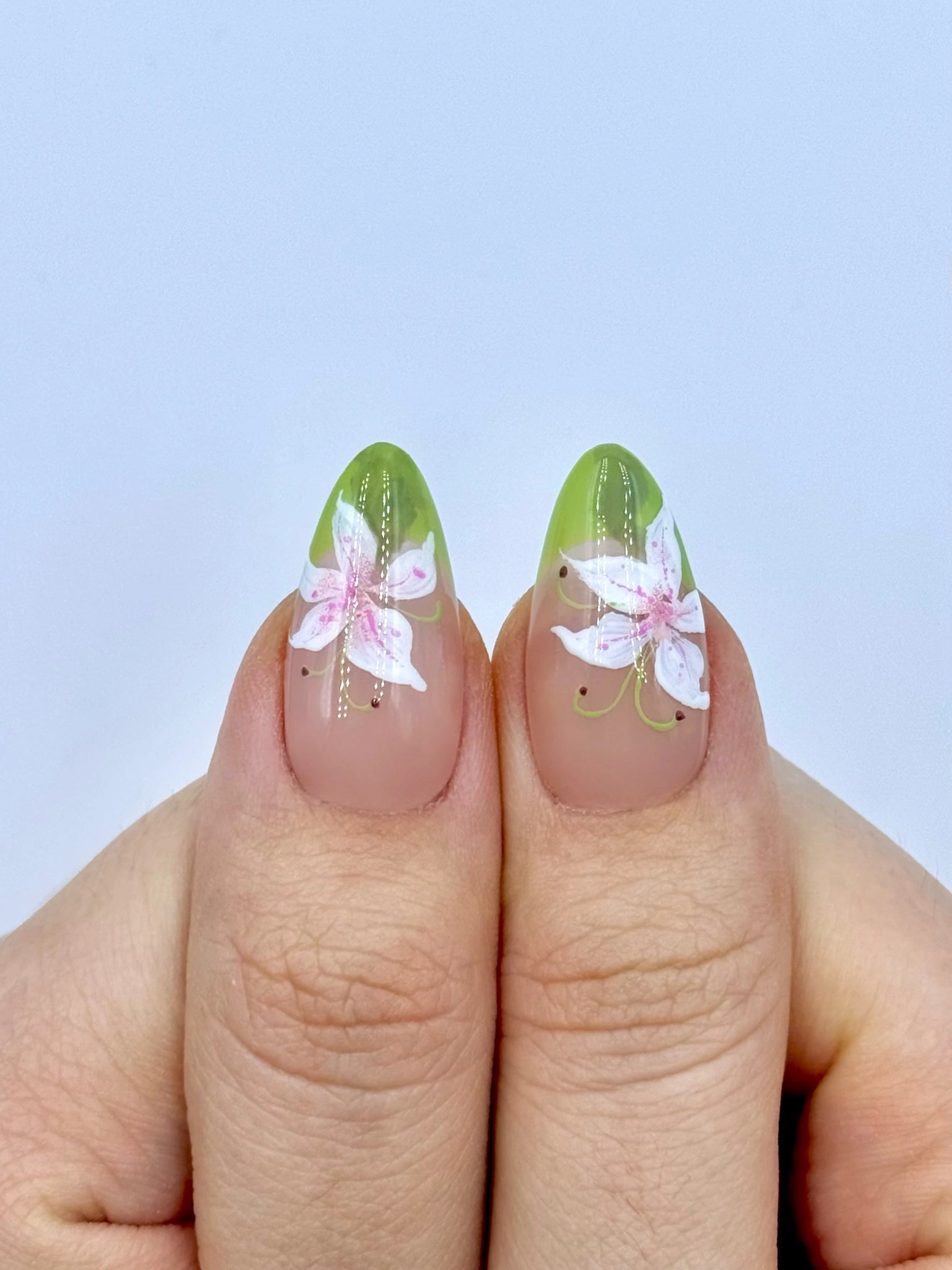 lily flower nail designs Spring Lily Green French Tip Almond Press-On Nails
