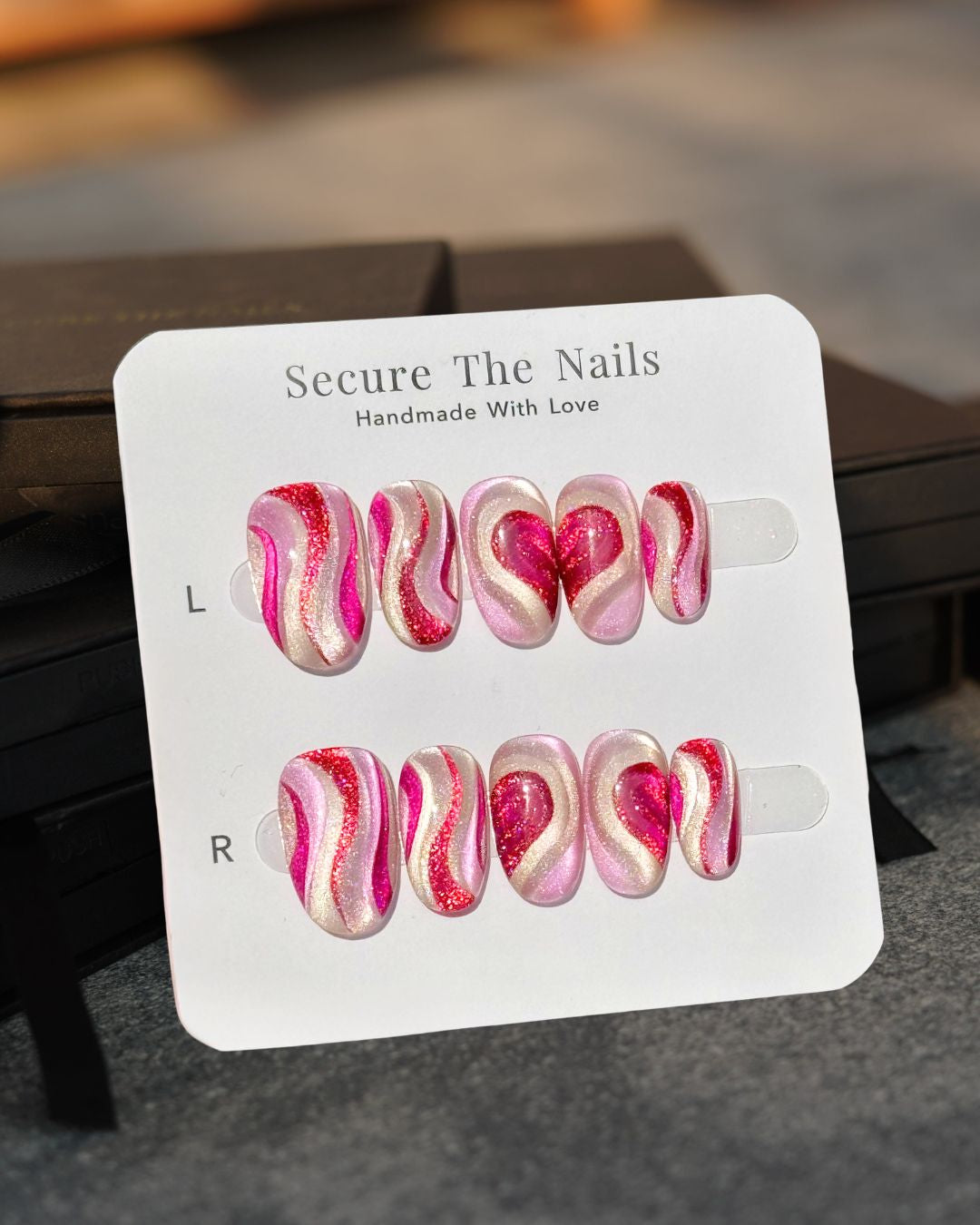 Silky Ribbon Red Pink Silver Cat-Eye Valentine's Press-On Nails with Heart Details, Reusable & Durable Long-Lasting False Nails | Secure The Nails