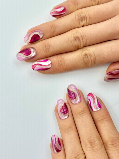 Silky Ribbon Unique Half Heart Red Pink Silver Cat-Eye Short Cute Valentine's Press-On Nails, Reusable Durable Long-Lasting False Nail Flakes, 2026 New Nail Art Trend| Secure The Nails
