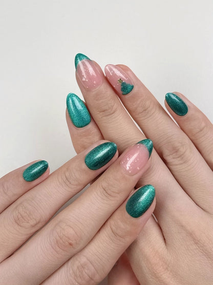 Emerald Green Cat-Eye Shimmer French Tips with Christmas Tree and Snow Art Design, Festive Almond Press-On Nails for Holiday | Secure The Nails