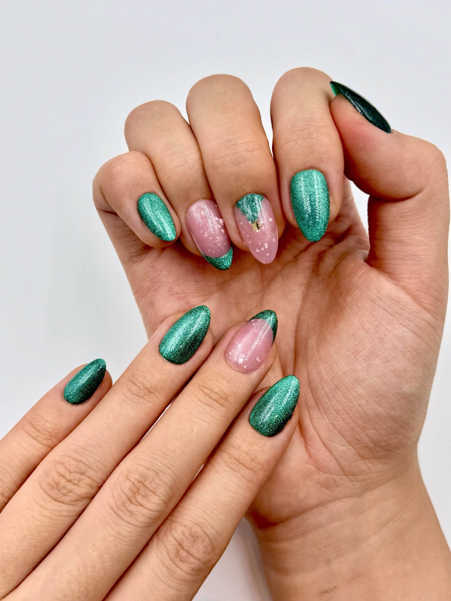 Emerald Green Cat-Eye Christmas Holiday Almond Nude French Tip Reusable Press-On Nails with Tree Snow Star | Classy Elegant Winter Nail Art | Secure The Nails