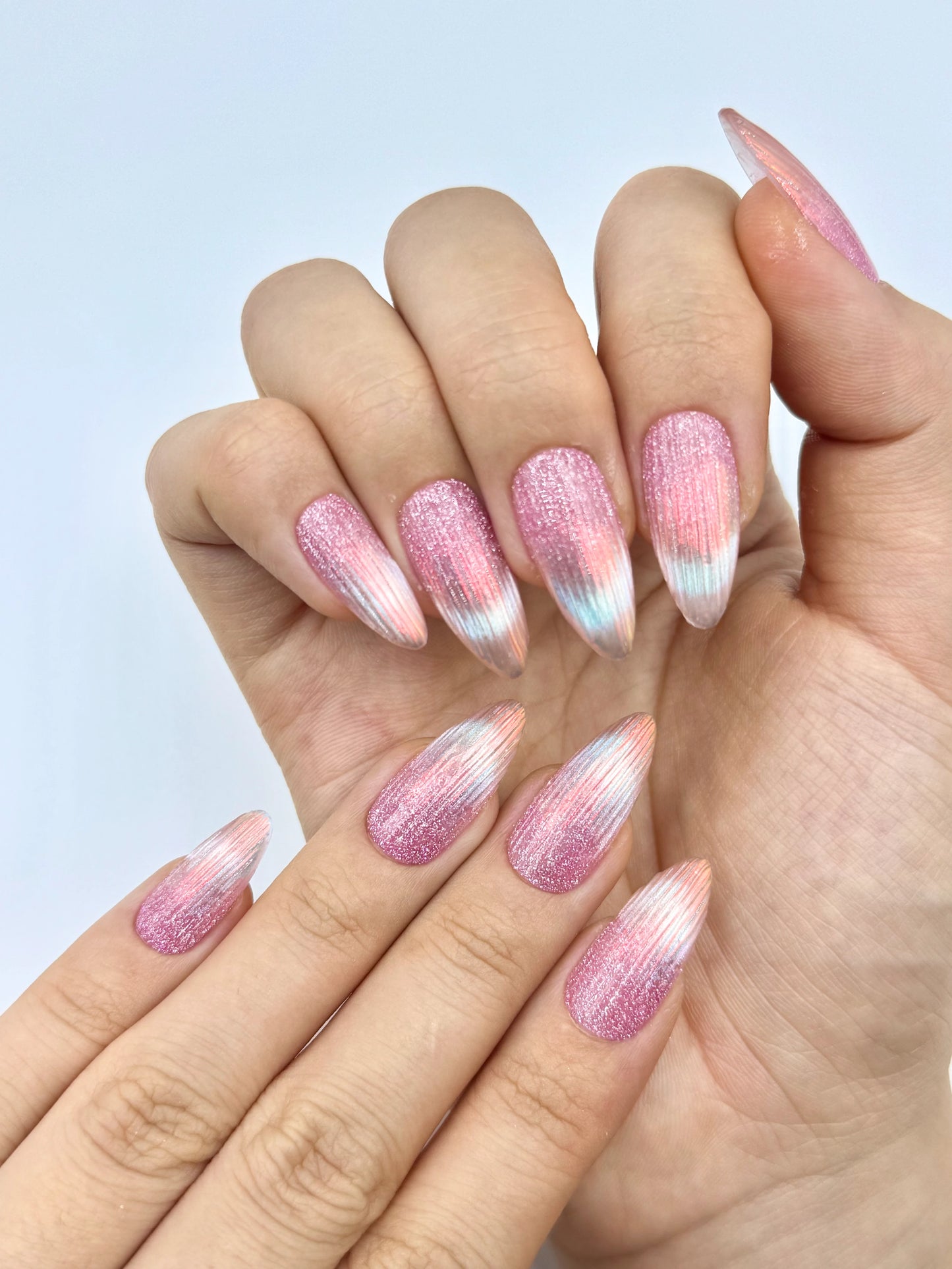 Handmade Almond Shape Mermaid Tail Pink Glitter Blue French Tip Unique Cat-Eye Press-On Nail, 2026 Glass Nails Trend| Secure The Nails Long-Lasting Press-Ons