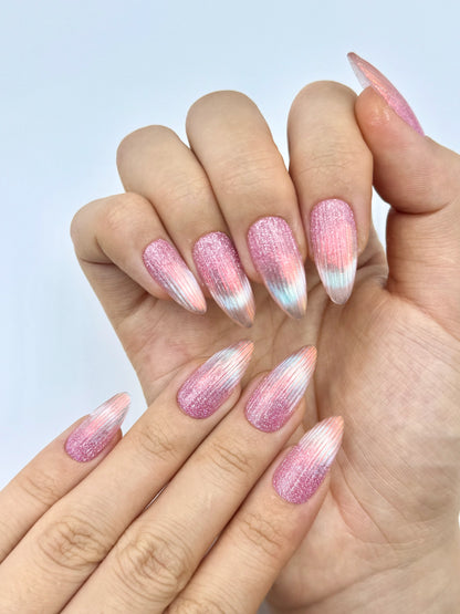 Handmade Almond Shape Mermaid Tail Pink Glitter Blue French Tip Unique Cat-Eye Press-On Nail, 2026 Glass Nails Trend| Secure The Nails Long-Lasting Press-Ons