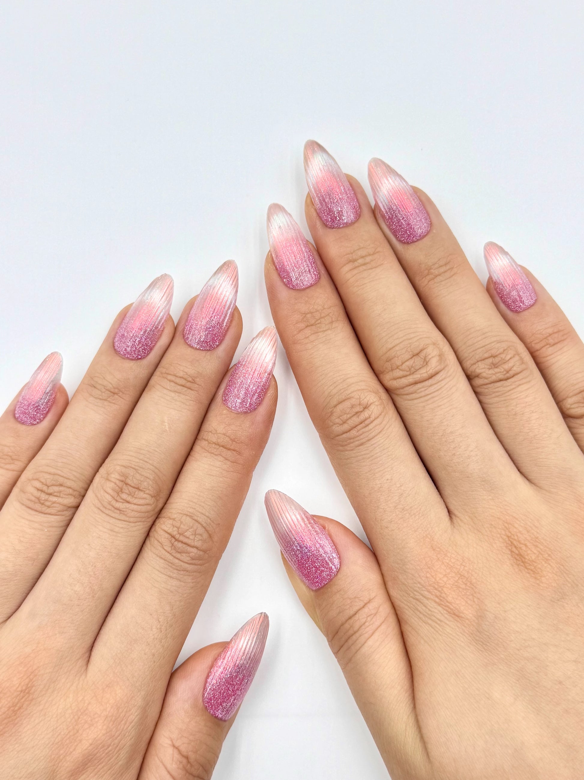Mermaid Tail Pink Glitter French Tip Cat-Eye Glowy Chrome Almond Press-On Nail, 2026 Glass Nail Art Design | Secure The Nails Handmade Long-Lasting Press-Ons