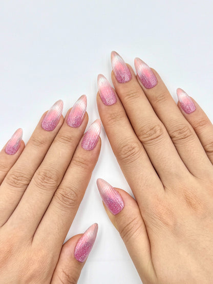 Mermaid Tail Pink Glitter French Tip Cat-Eye Glowy Chrome Almond Press-On Nail, 2026 Glass Nail Art Design | Secure The Nails Handmade Long-Lasting Press-Ons