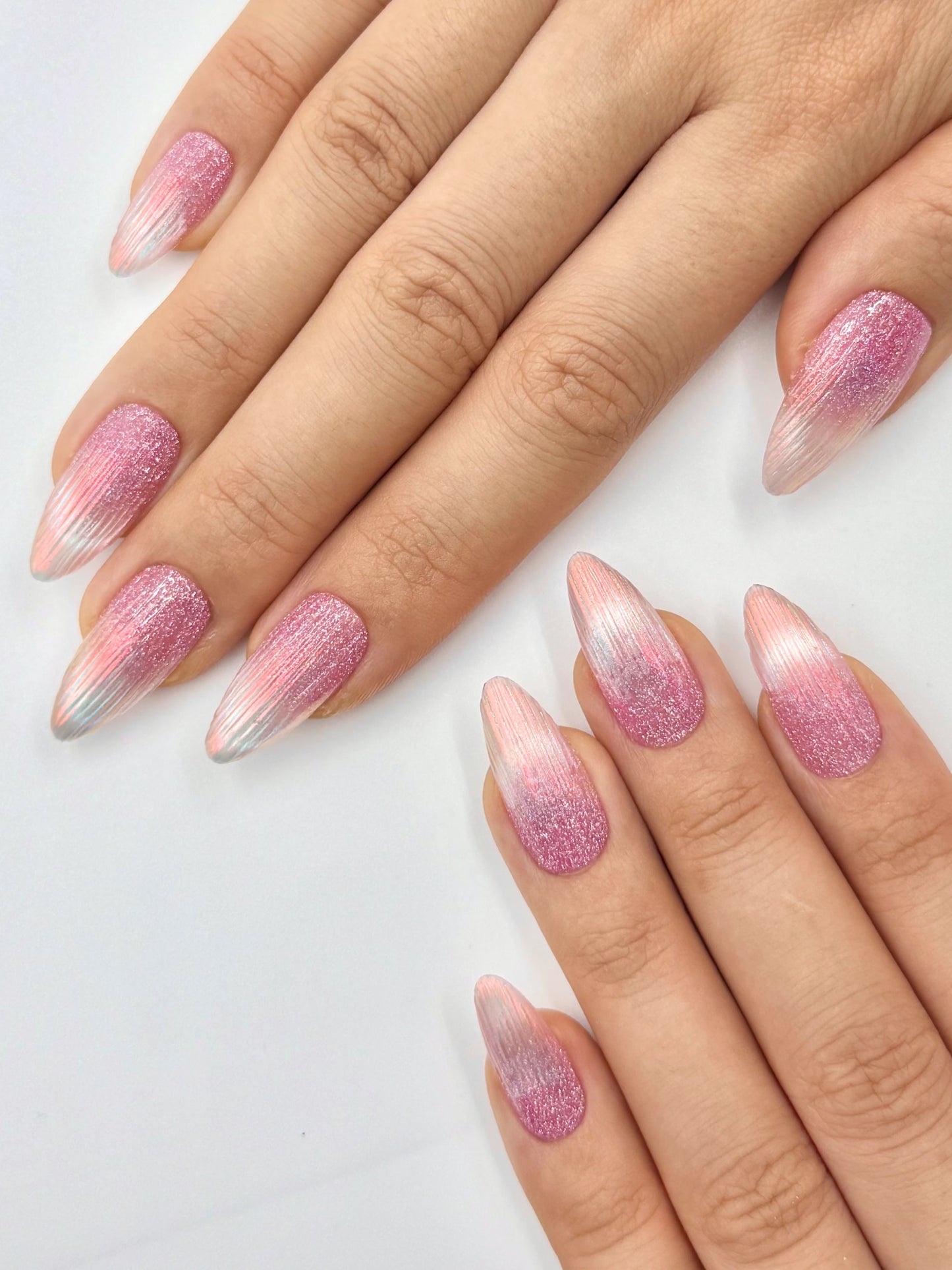 Mermaid Tail Pink Glitter French Tip Cat-Eye Glowy Aurora Almond Press-On Nail, 2026 Glass Nail Trend| Secure The Nails Handmade Long-Lasting Press-Ons