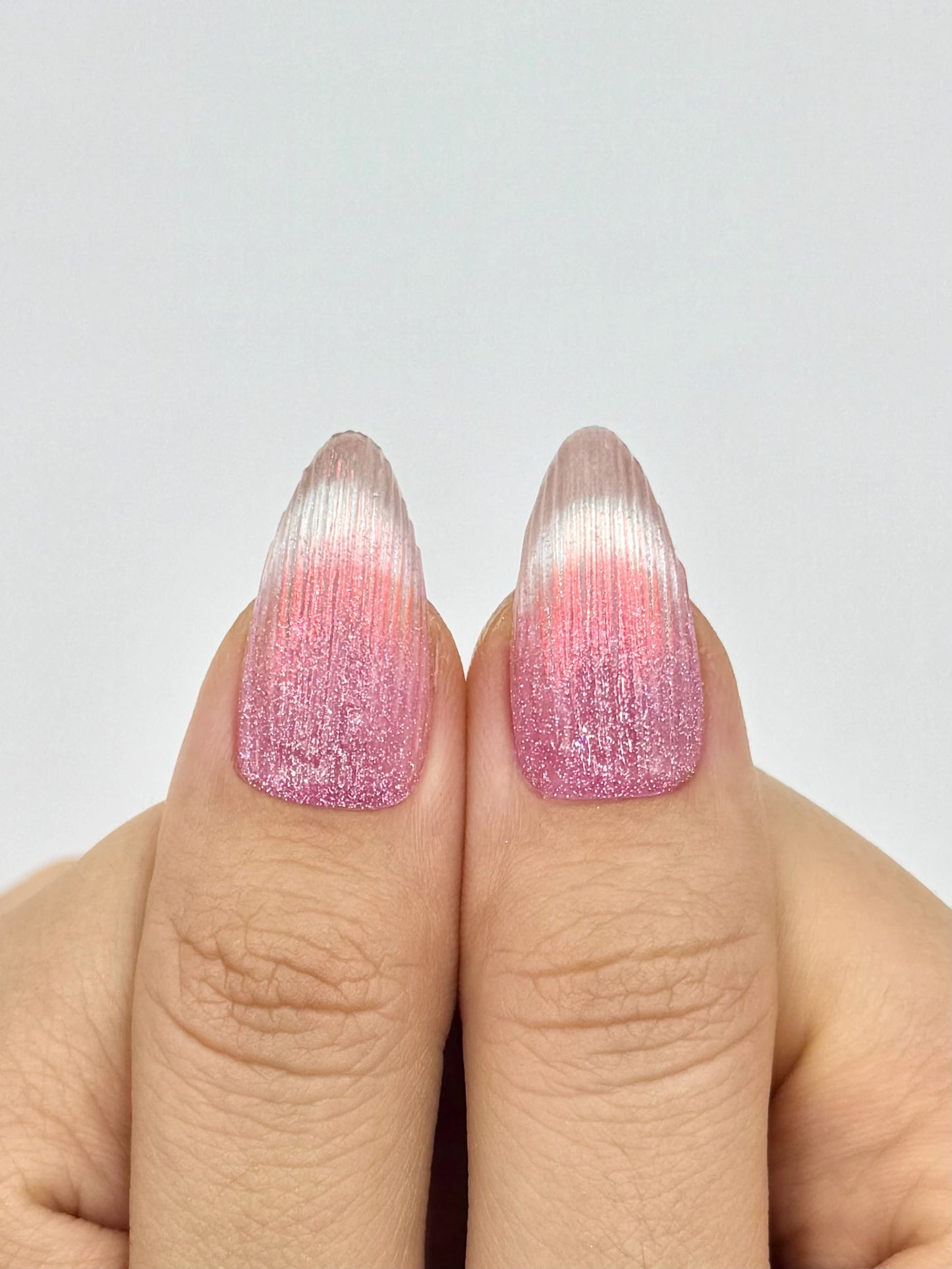 Handmade Mermaid Tail Pink Glitter French Tip Cat-Eye Glowy Aurora Almond Press-On Nail, 2026 Glass Nails Trend| Secure The Nails Long-Lasting Press-Ons