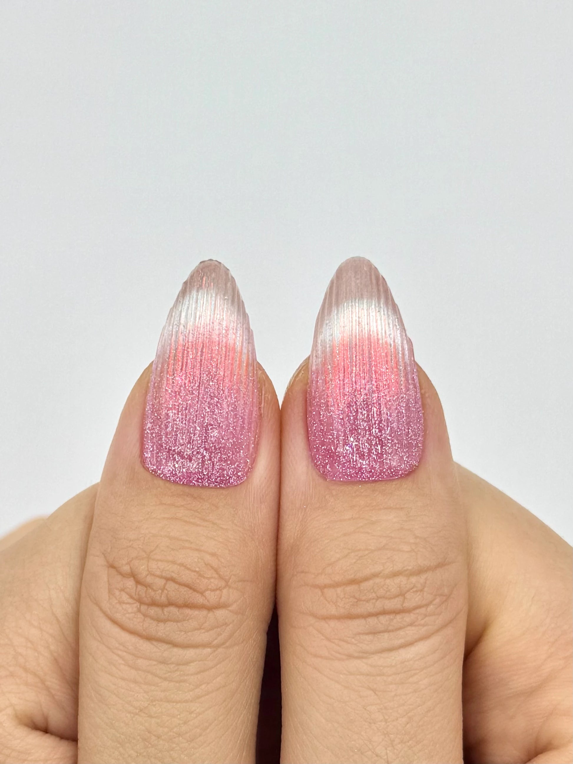 Handmade Mermaid Tail Pink Glitter French Tip Cat-Eye Glowy Aurora Almond Press-On Nail, 2026 Glass Nails Trend| Secure The Nails Long-Lasting Press-Ons