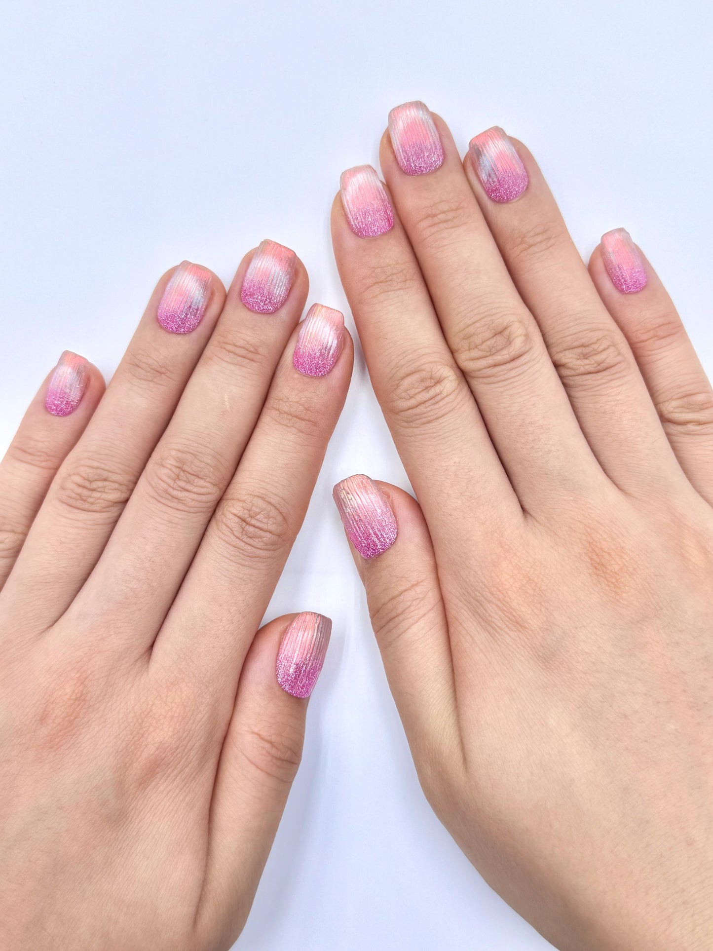 Mermaid Tail Pink Glitter French Tip Cat-Eye Chrome Handmade Short Square Press-On Nail, 2026 Nail Art Design | Secure The Nails Long-Lasting Press-Ons