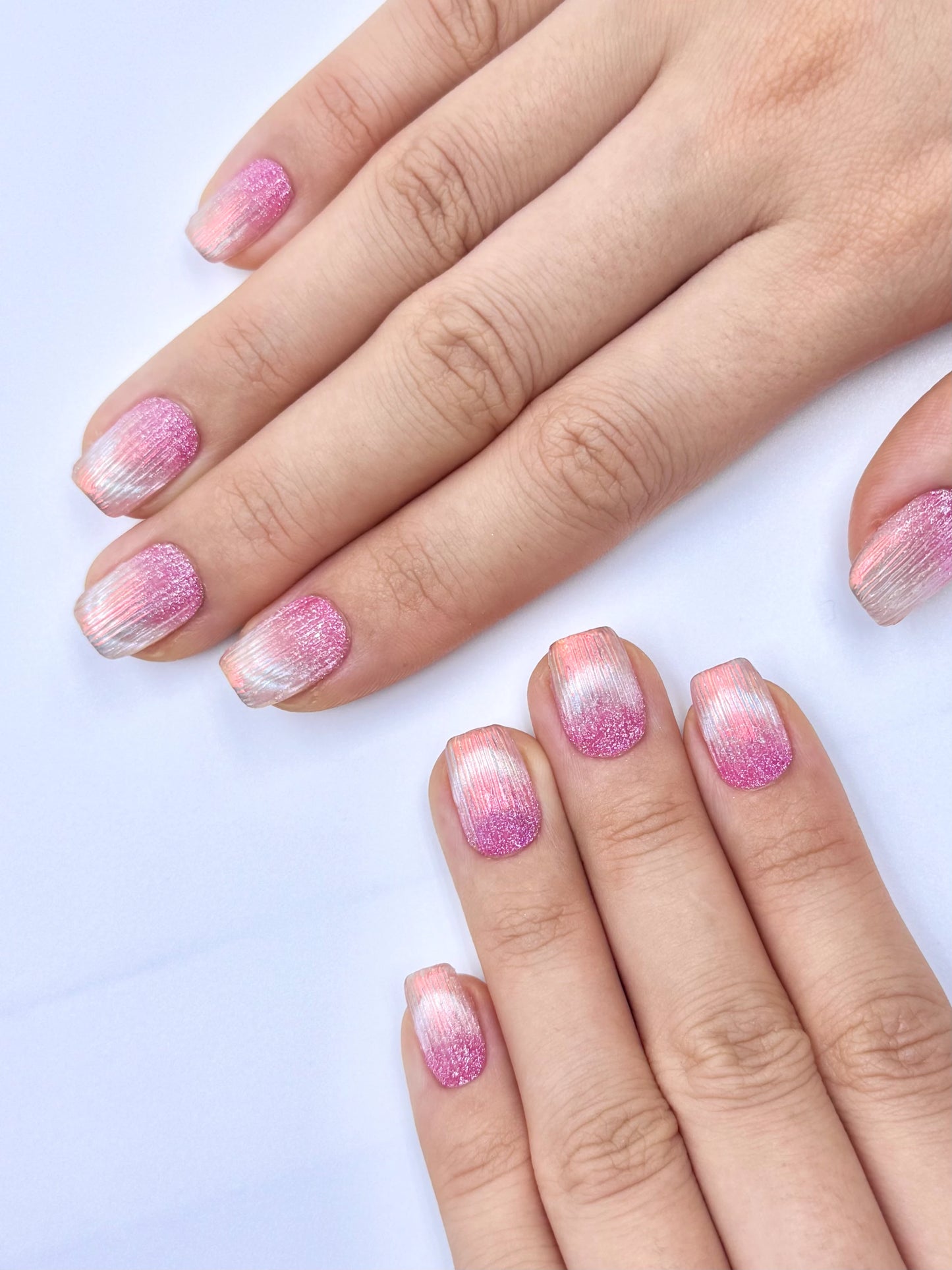 Mermaid Tail Pink Glitter French Tip Cat-Eye Chrome Handmade Short Square Press-On Nail, 2026 Glass Nail Art Design | Secure The Nails Long-Lasting Press-Ons
