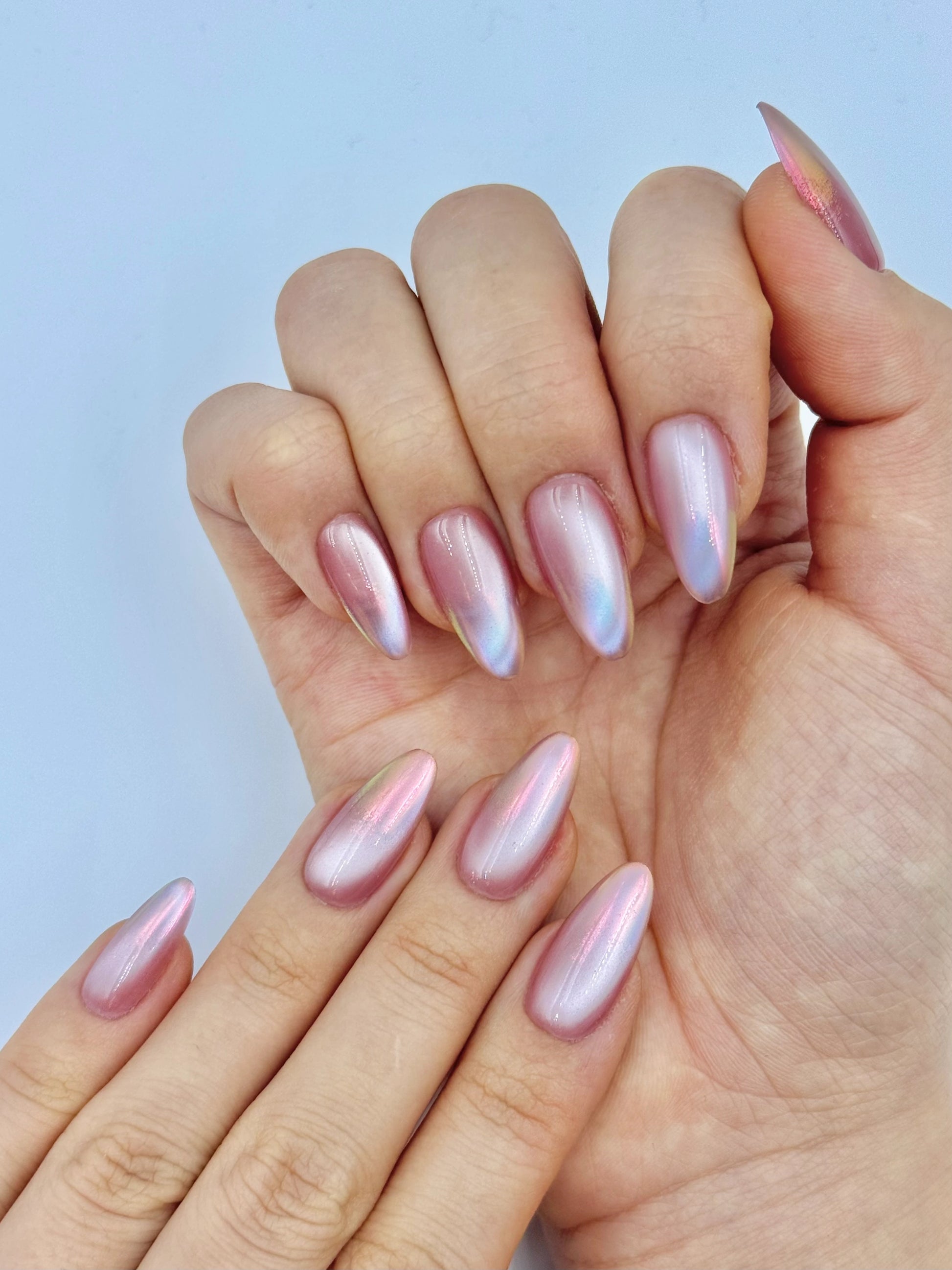 Clean Girl Soft Pink Chrome Cat-Eye Color-Shifting Glow Reusable Long Almond Press-On Nails, Long-Lasting & Durable, 2026 Unique Nail Art Trend | Secure The Nails