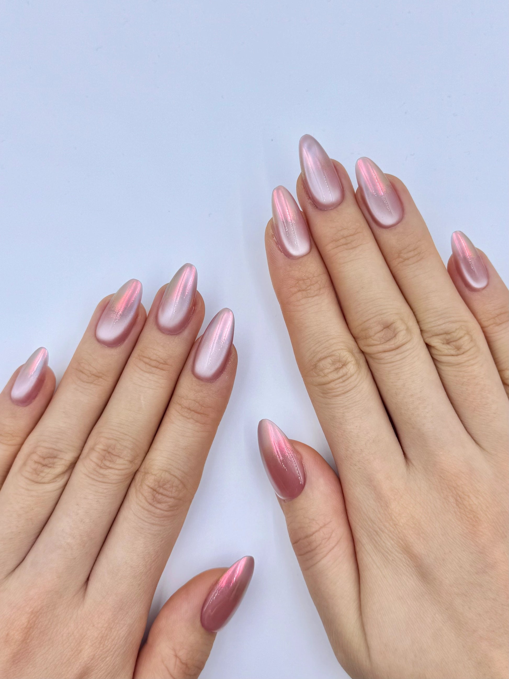 Clean Girl Soft Pink Cat-Eye Iridescent Glow with Chrome Finish, Reusable Long Almond Press-On Nails, Long-Lasting & Durable, 2026 Unique Nail Art Trend | Secure The Nails