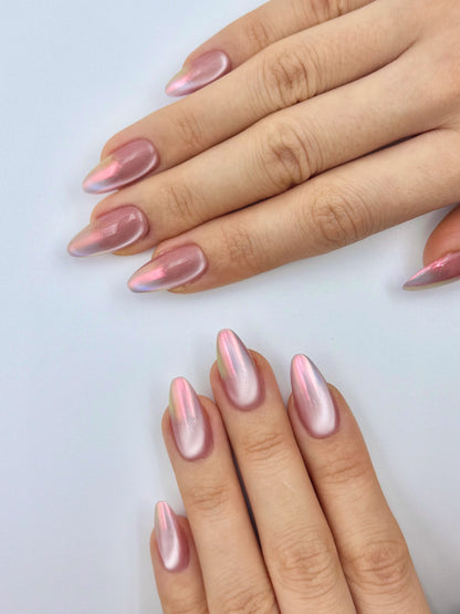 Clean Girl Soft Pink Cat-Eye Iridescent Glow with Chrome Finish, Reusable Long Almond Press-On Nails, Long-Lasting & Durable False Nail Flakes| Secure The Nails