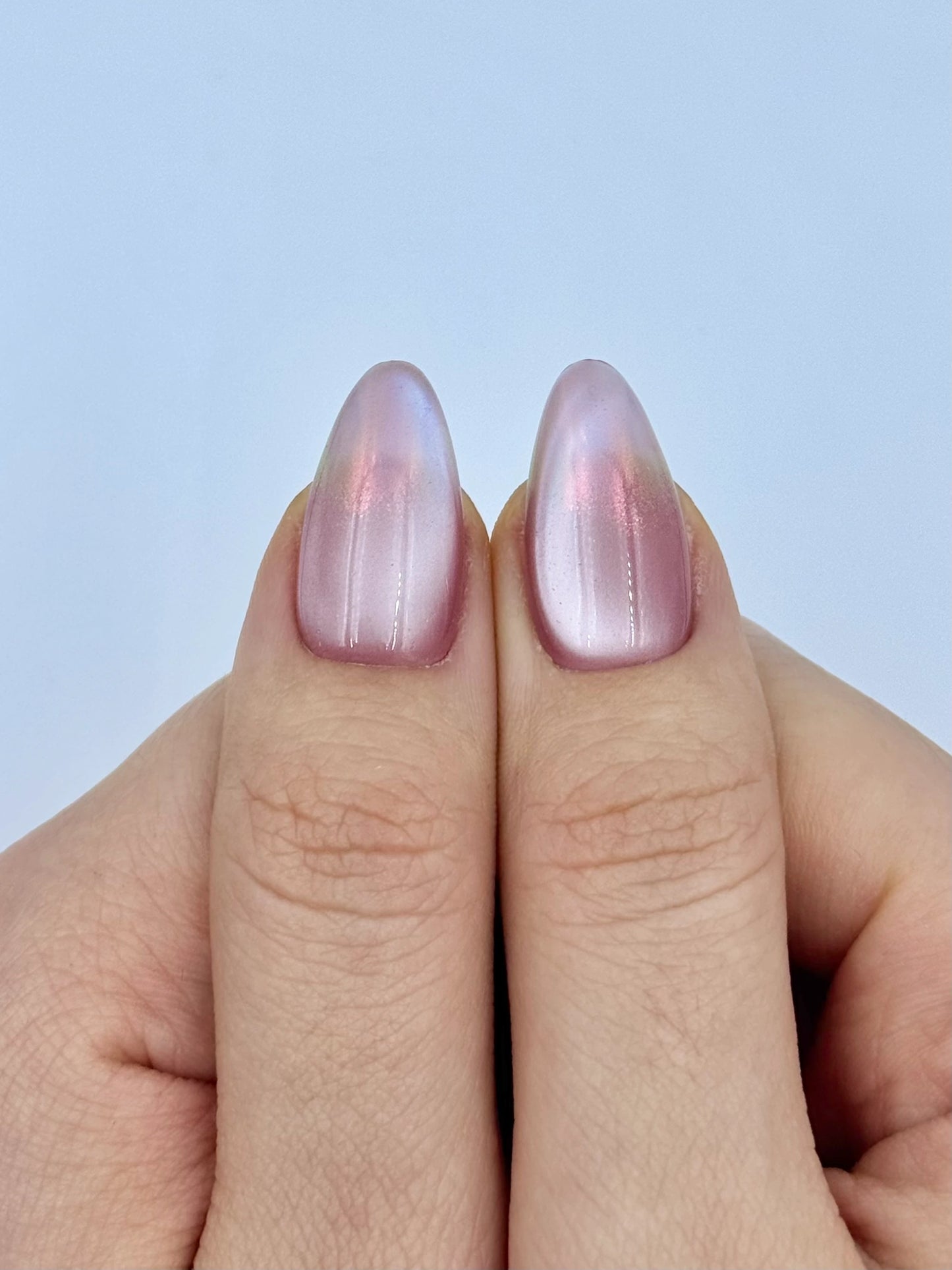 Soft Girl Pink Cat-Eye Aurora Glow Reusable Long Almond Iridescent Press-On Nails, Long-Lasting & Durable False Nail Flakes| Secure The Nails