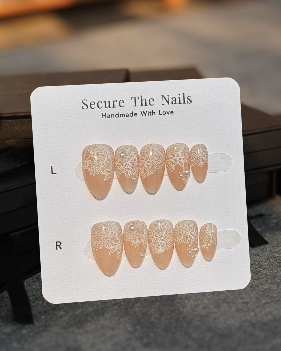 Unique Soft Elegant White Lace Pearl Nude Almond Press-On Nails for Valentine's and Everyday Glam, Reusable & Long-Lasting False Nail | Secure The Nails