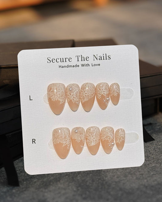 Unique Soft Elegant White Lace Pearl Nude Almond Press-On Nails for Valentine's and Everyday Glam, Reusable & Long-Lasting False Nail | Secure The Nails
