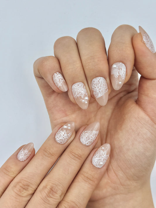 Elegant Soft Glam White Lace Pearl Nude Almond Press-On Nails for Valentine's, Wedding and Everyday, Reusable & Long-Lasting False Nail | Secure The Nails