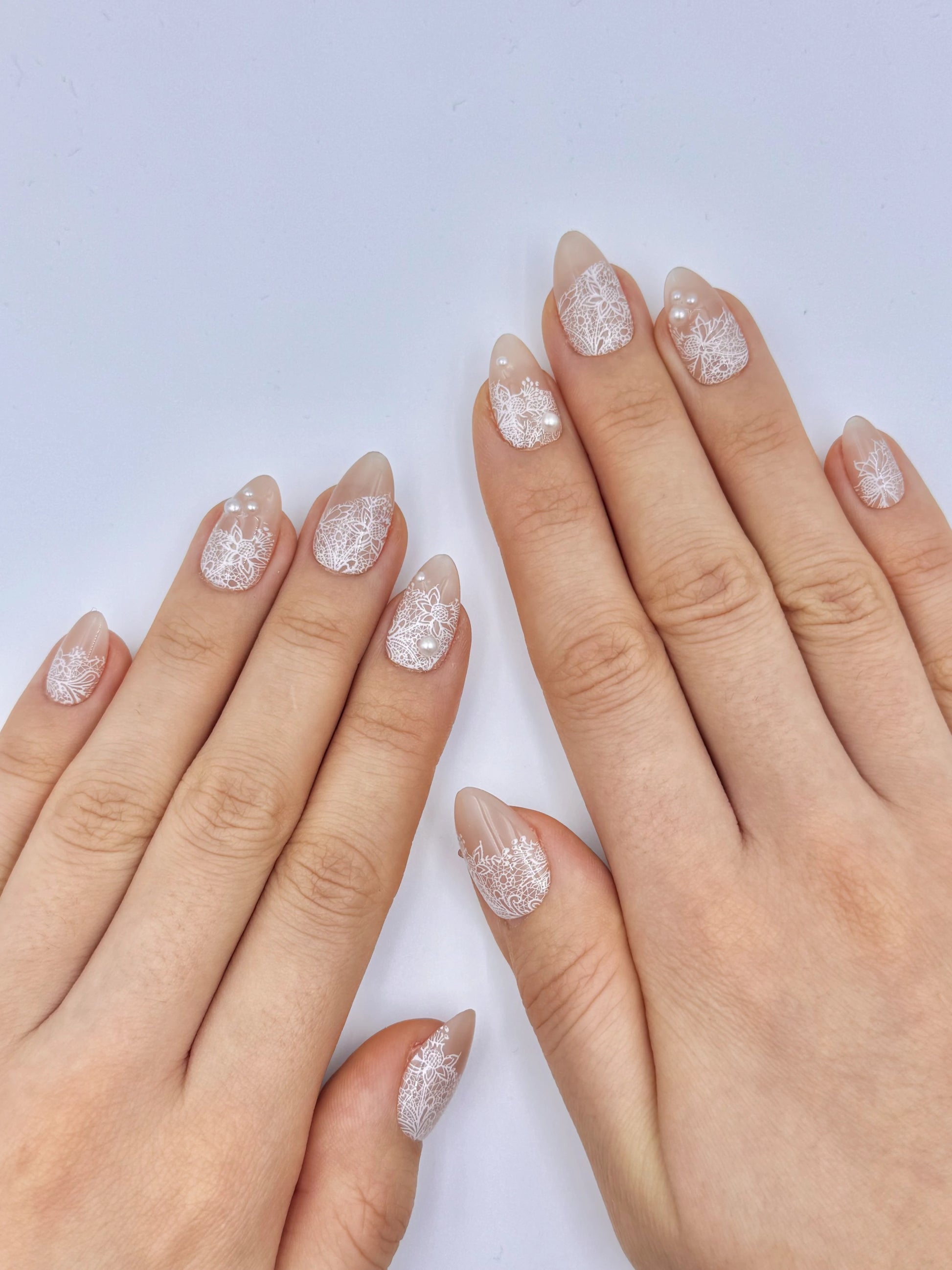 Elegant Bridal White Lace Nude Almond Press-On Nails with Pearls for Valentine's, Wedding and Everyday Glam, Reusable & Long-Lasting False Nail | Secure The Nails
